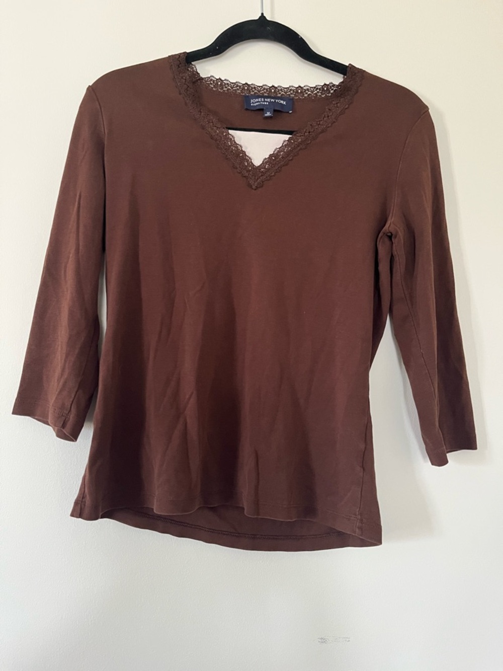 Y2K Chocolate Brown Lace Trim Top Medium 100% Cotton V Neck 3/4 Sleeve 00s